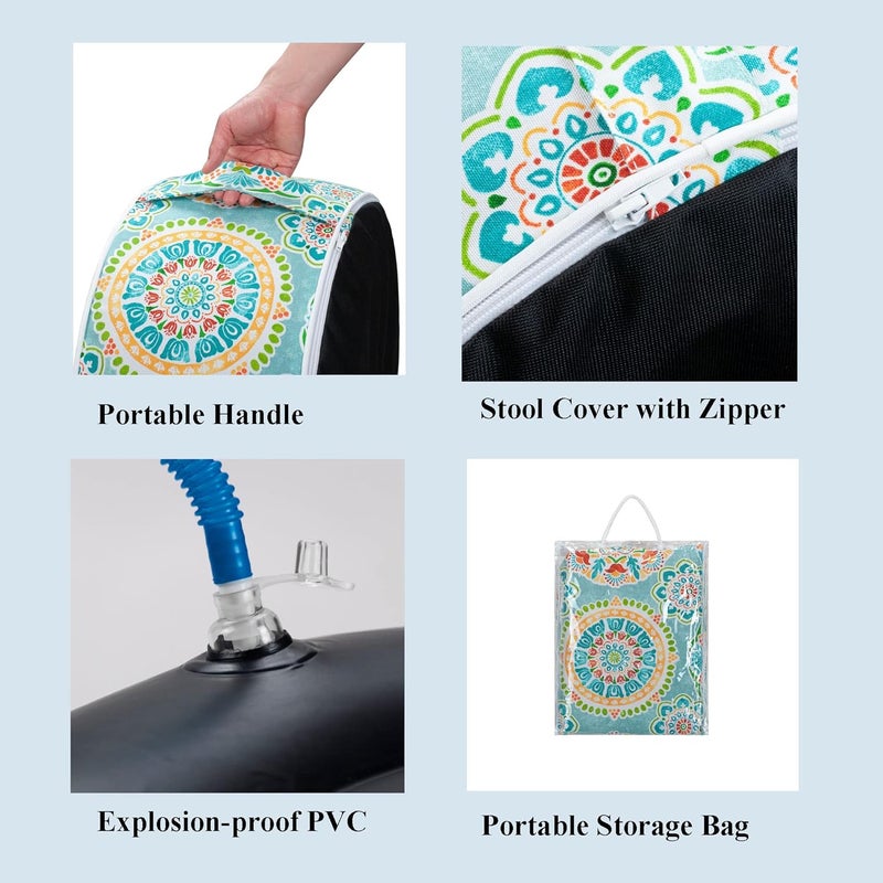 FUNHOME Inflatable Stool Ottoman Footrest with Handle, All Weather Footrest Seat with Foot Pump D20 xH9, Water Repellent Footstool Pouf for Home Patio Garden and Camping Use-Cyan Circle - Image 4